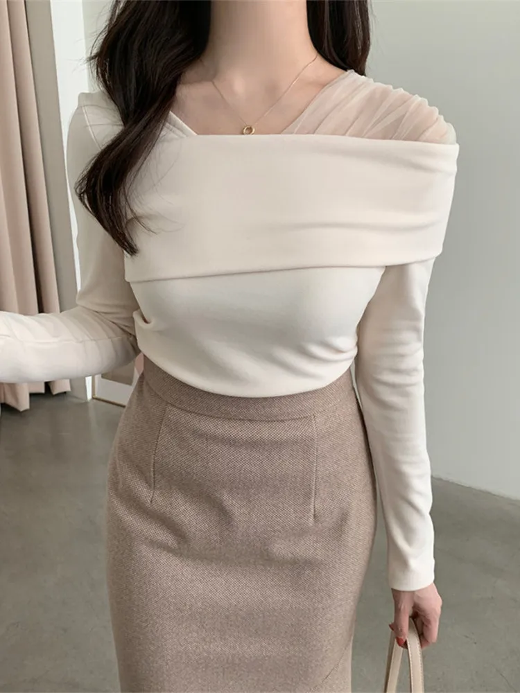 

Корейские модные Асимметричные Прошитые сетчатые Топы для женщин, весна 2022, элегантные однотонные повседневные блузы с длинным рукавом и к...