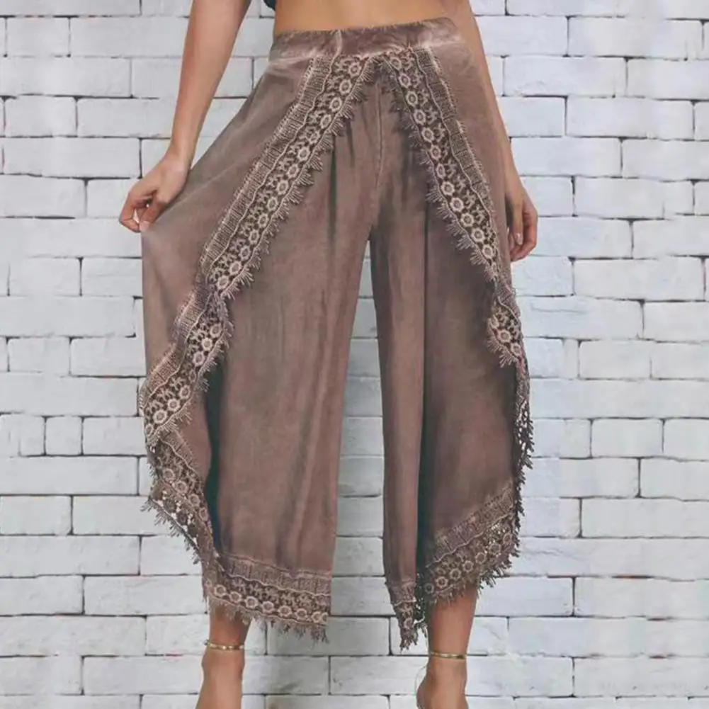 

Шаровары женские однотонные с кружевной отделкой, Модные дышащие повседневные штаны на ощупь, не скатываются, мягкая текстура, для отдыха