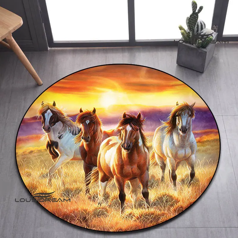 

Running horse printing round carpet game room bedroom beautiful carpet anti -sliding door pad photography props