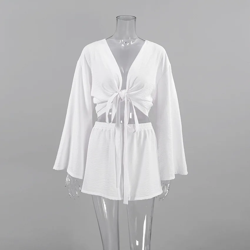 Women Home Clothes Sexy Crop Top With Shorts Female Pajamas Sets Long Sleeve Loose Ladies Sleepwear Fashion 2 Pieces Loungewear