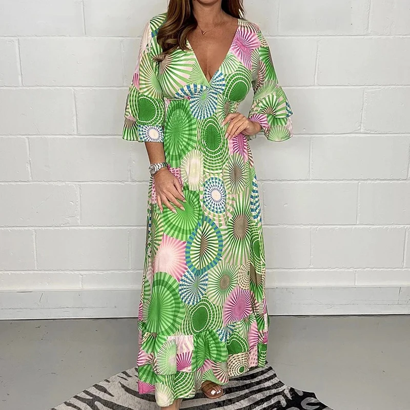 

Spring Printed High Waist Boho Long Dress Women Deep V Neck Pleated Party Maxi Dress Summer Butterfly Short Sleeve Loose Dresses