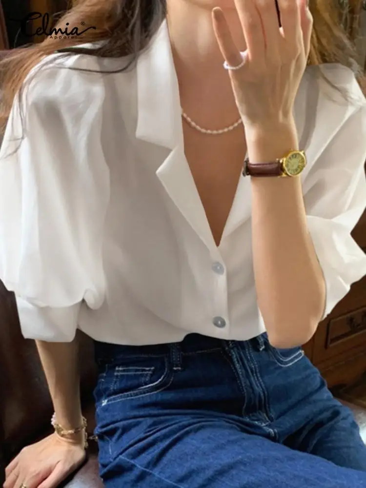 

Celmia Solid Color Puff Sleeve Shirts Elegant Buttons Lapel 2022 Summer Tunic Tops Fashion Women All-match Lightweight Blusas