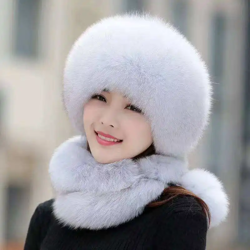 

Imitation Fur Hat Snow Hat Autumn Winter Imitation Fox Fur Hat Scarf One Body Warmth Women's New Versatile Girl Outdoor White
