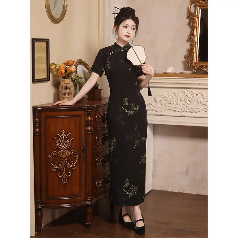 Новинка Ципао в китайском стиле женское черное летнее бамбуковое платье тонкое