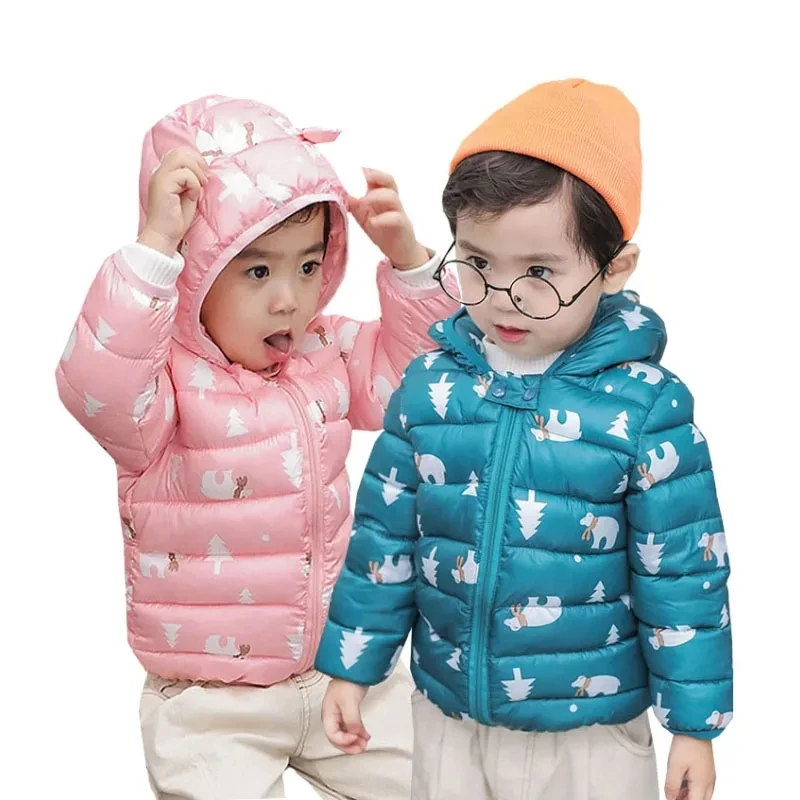 

Winter hooded plush warm cotton jacket 0-5 years old boys girls fashion cartoon printed casual down coat Beibei child clothing