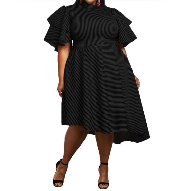 Plus Size Large Women's Dress 2023 New Women's Printed Round Neck Asymmetric Hem Ruffle Sleeve Solid Color Casual Large Dress