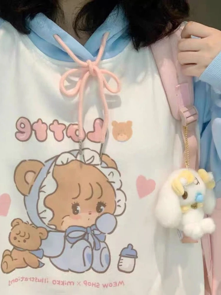 

Хучжоу японская мода Kawaii пэчворк Толстовка для женщин Y2k Harajuku милый мультяшный принт Свободный свитшот с капюшоном мягкая девушка 2023