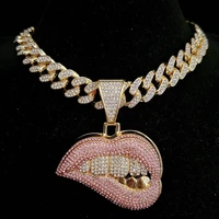 aaa rhinestone iced out miami cuban link chain sexy biting lips pendant necklace for mens chains hip hop jewelry on the neck