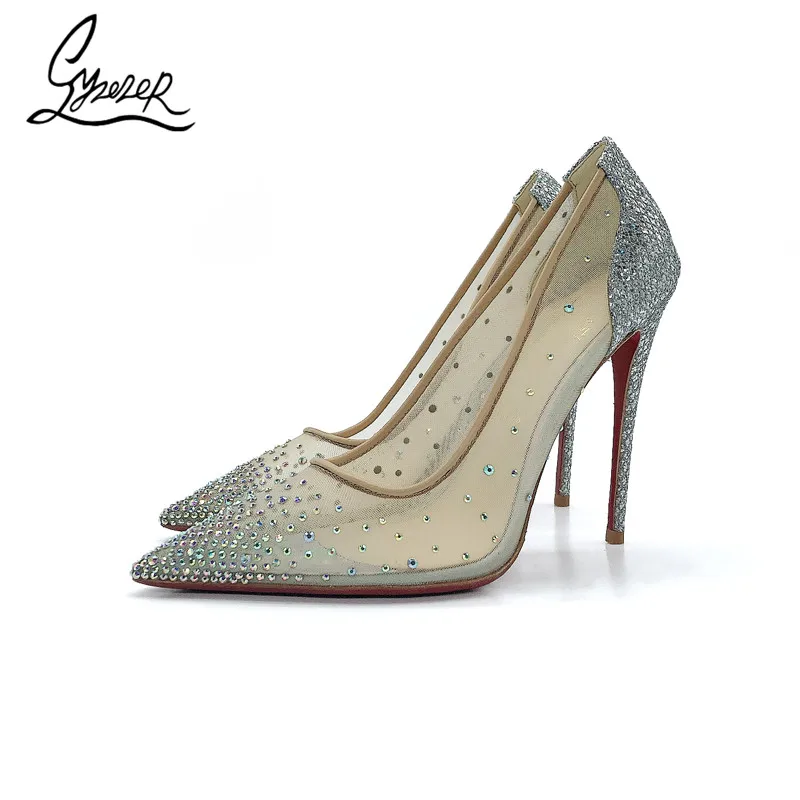 

Yuerui Silver Elegant Crystal Shoes Net Gauze Sequins Shiny High Heels Pointed Toe Stiletto Ladies Single Shoes Wedding Banquet