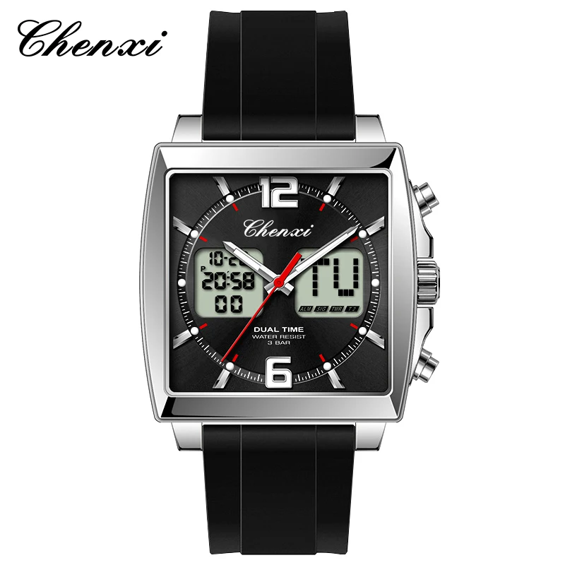 Фото Модные повседневные мужские спортивные часы с квадратным циферблатом, двойным временем, часы CHENXI, силиконовый ремешок, водонепроницаемые, многофункциональные наручные часы для мужчин №1