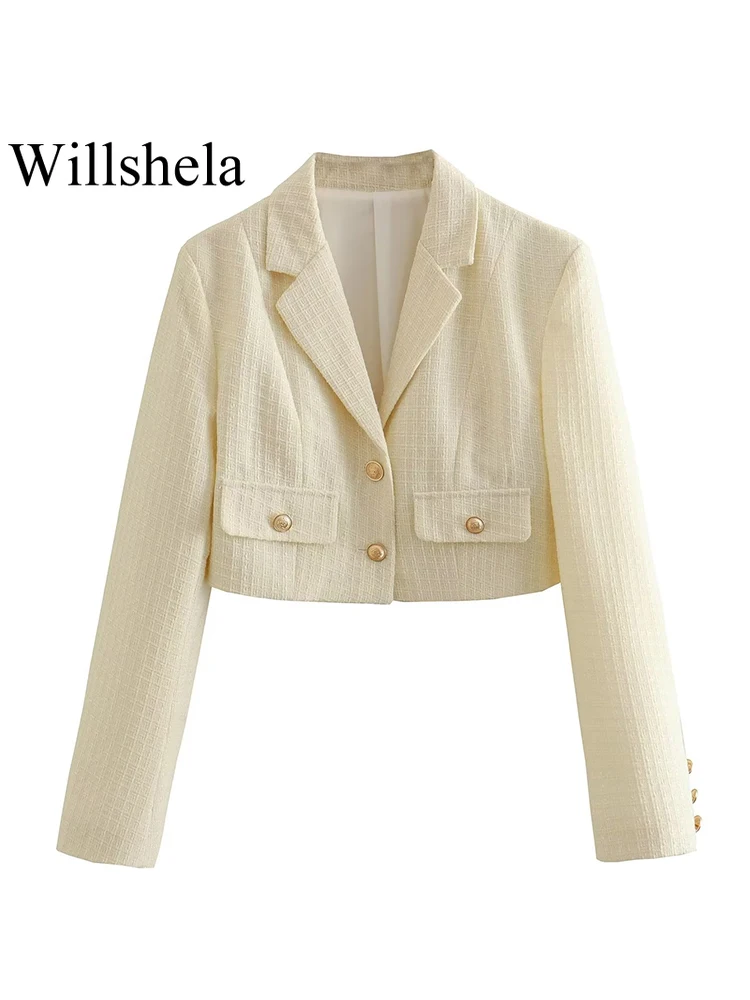 

Willshela Women Fashion With Pockets Beige Single Breasted Cropped Blazer Vintage Notched Neck Long Sleeves Female Chic Outfits