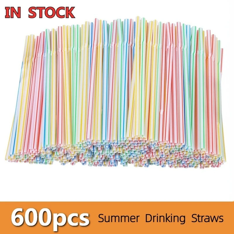 

600 Pcs Disposable Elbow Plastic Straws for Kitchenware Bar Party Event Alike Supplies Striped Bendable Cocktail Drinking Straws