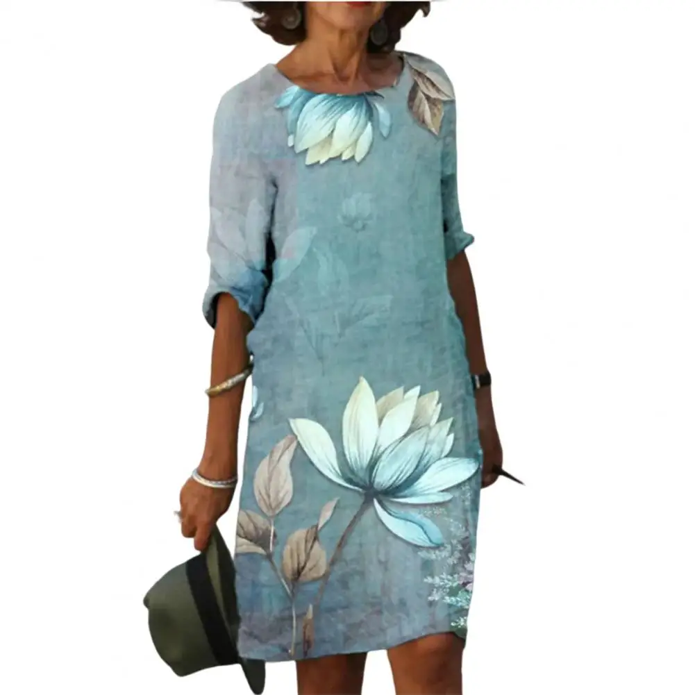O-Neck Half Sleeve Thin Knee-length Women Dress Vintage Flower Print Loose Party Dress Summer 2023