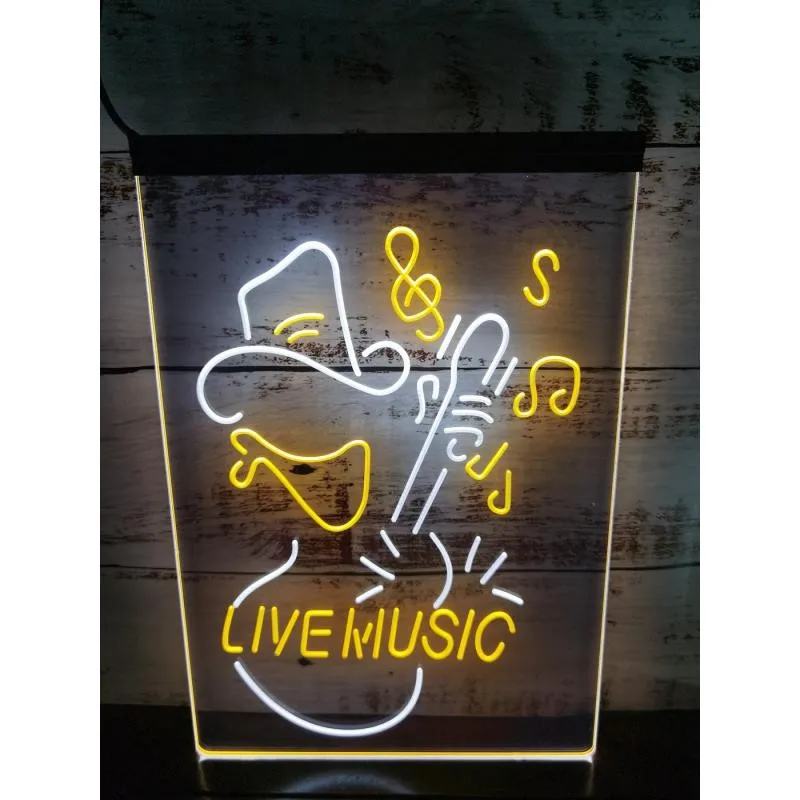 

Двухцветная светодиодсветодиодный неоновая вывеска Cowboy Live Music Guitar