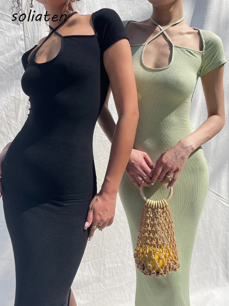 

Summer New Street Style Solid Color All-Match Halter Neck Short-Sleeved Dresses Women Elastic Tight Bodycon Maxi Dresses C-001