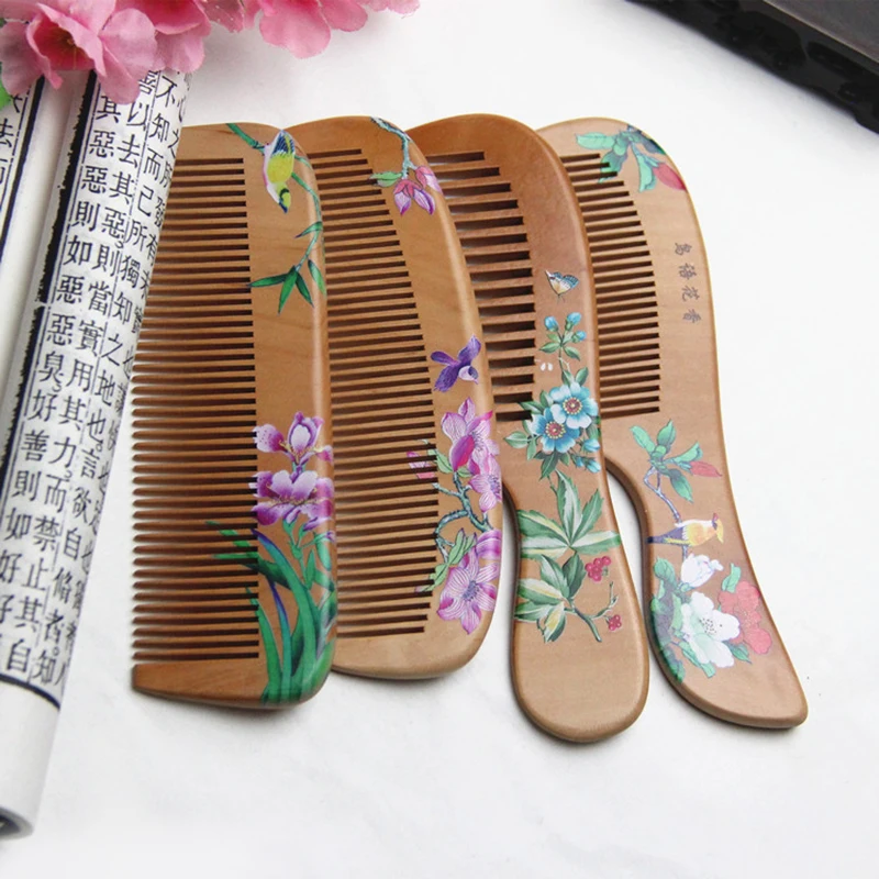 

1Pcs Peach Wood Comb Flower Painted Anti-Static Natural Head Massage Comb Handmade Wooden Hair Comb Hair Styling Tools For Gift