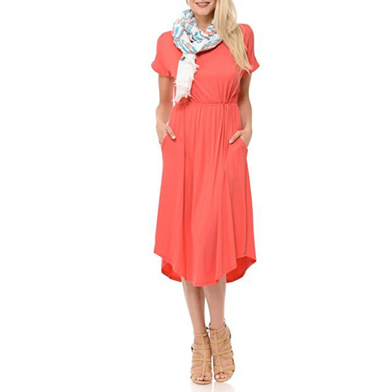 

Женское платье до середины икры, однотонное платье-трапеция с коротким рукавом и карманами, модель GV515 в богемном стиле на лето, 2022