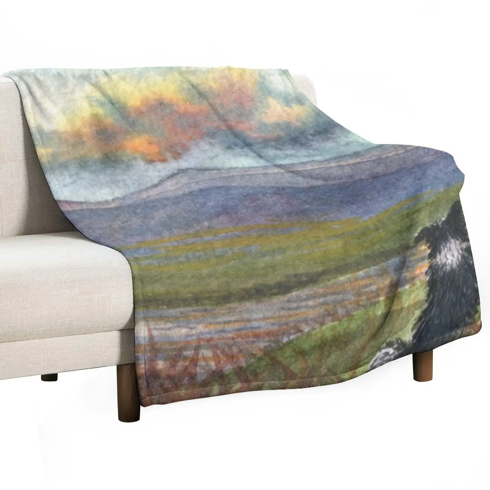 Бордер колли собака медитирует на горы и перед тем как он бросит одеяло Furrys для