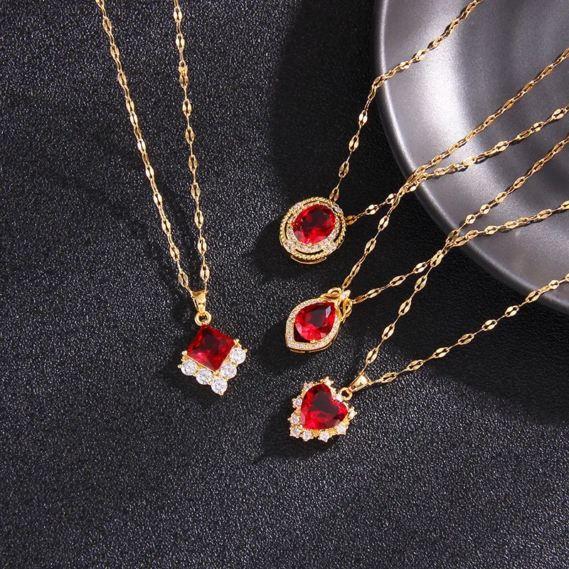 Vintage Red Color Zircon Geometric Pendant Necklace Fashion Round Heart Ellipse Choker Jewelry Party Gifts For Women Girls