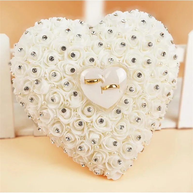 

Heart Shape Wedding Ring Pillow Favors Hang Ring Box Rhinestone Pearl Flower Romantic Engagement Wedding Ring Cushion Hold