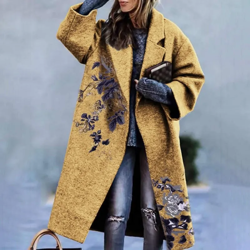 

2022Women Casual Lapel Long Sleeve Blend Wool Coats Fashion Portrait Print Long Overcoat Winter Elegant Lady Cardigan Outerwear