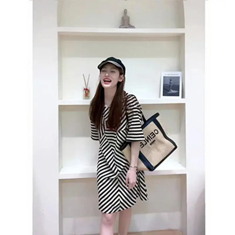 2023 Spring/Summer Korean Version New Loose Striped Dress High End Design Casual Fashion Simple A-line Short Skirt