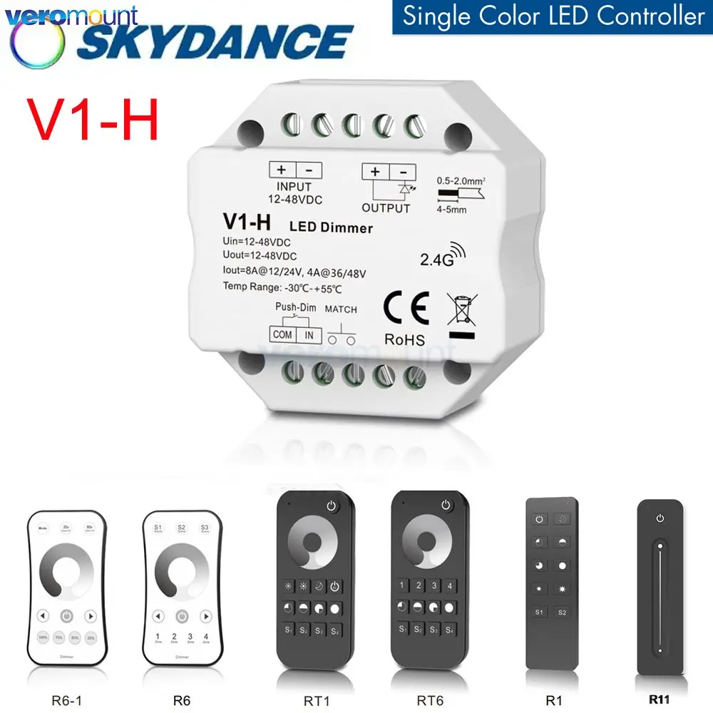 

Skydance V1-H 12V 48V 24V 36V DC LED Dimmer Stepless Dimming RF Controller Push-Dim Wall Box Mounting for Single Color Strip