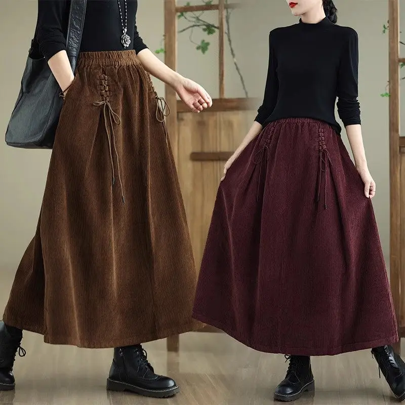 Женская Вельветовая юбка-миди в стиле ретро с завышенной талией винтажная юбка