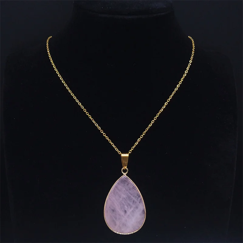 

Pink Healing Crystal Water Drop Pendant Chakra Stone Necklace Women Gold Color Natural Quartz Crystal Necklaces Jewelry NG100S0
