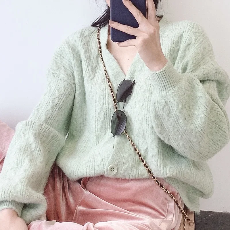 

Sweet Cashmere Sweater Y2k Cardigan Women Single Breasted Lantern Sleeve Elegant Vintage Jumper Solid Knitted Autumn Winter Tops