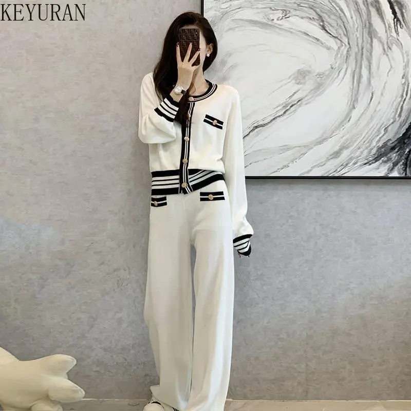 

Korean Knitted 2 Piece Sets Womens Outfits Elegant Vintage O-neck Sweater Cardigan Top Knitwear Capris Wide Leg Pants Tracksuit
