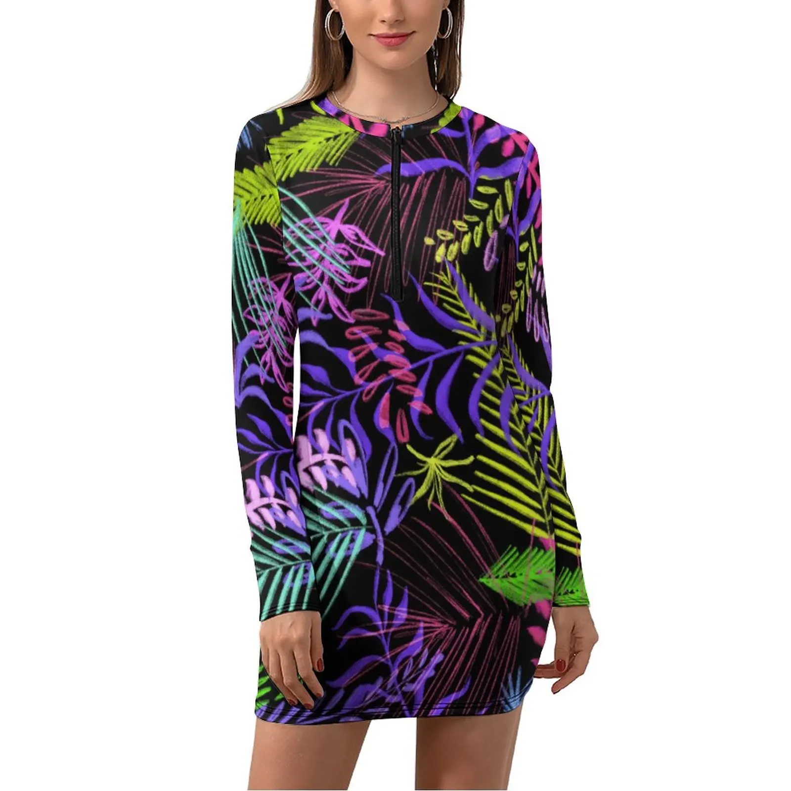 

Tropical Palm Leaves Bodycon Dress Holiday Colorful Print Club Dresses Women Long Sleeve Custom Street Style Dress Big Size 2XL