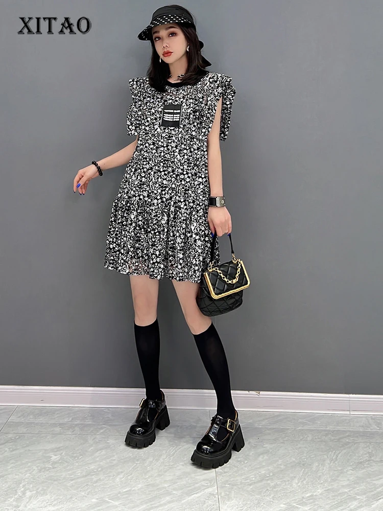 

XITAO Pleated Hem Dress Fashion Pullover Backless Elegant Pullover Small Fresh Casual Style Loose 2022 Summer Dress WMD7314