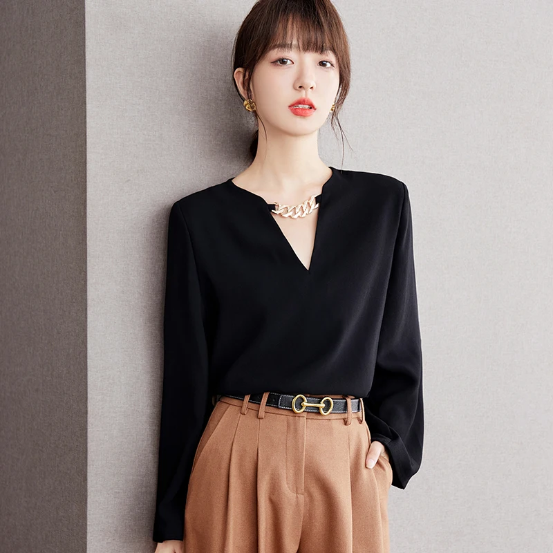 

Solid Women's Shirts Summer 2023 New Chiffon Black Blouses Loose Fit Long Sleeves Tops V-necks Ladies Casual Clothing YCMYUNYAN