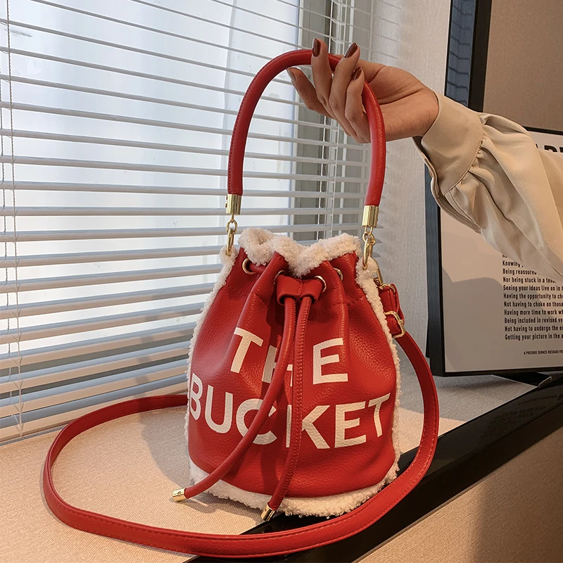 2023 Female Red Shoulder Bag Letter Print Chic Women's Furry Drawstring Handbags Small Pu Leather Lovers' Bucket Crossbody Bags