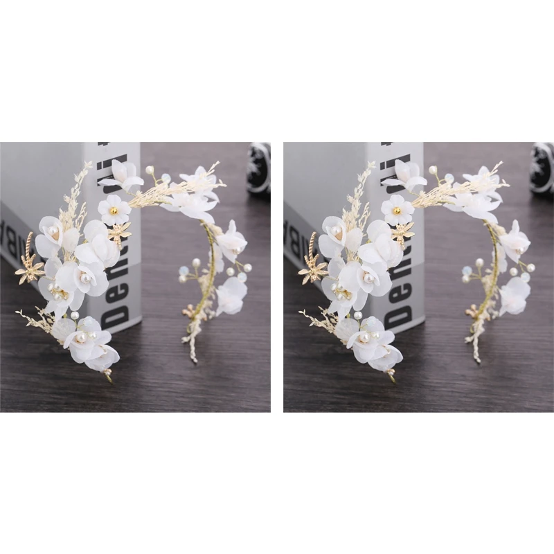 

2X Floral Princess Wedding Headpiece Dried Flower Headband Dragonfly Tiara Accessories For Women And Girls And Bridal