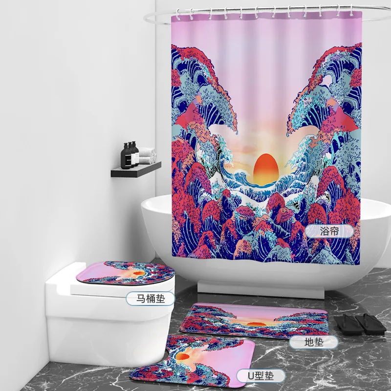 

Waves and Sunset 3D Printed Bathroom Set Together Shower Curtain Rug Set Bathroom Mats Rugs Toilet Decor Mat 01