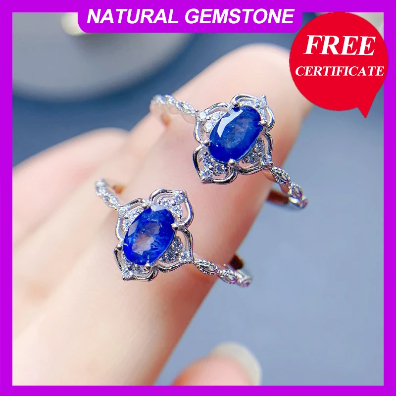 

Pure Original 925 Silver Natural Sapphire Ring 4*6mm Fashion Ladies Adjustable Size Birthstone with Certificate