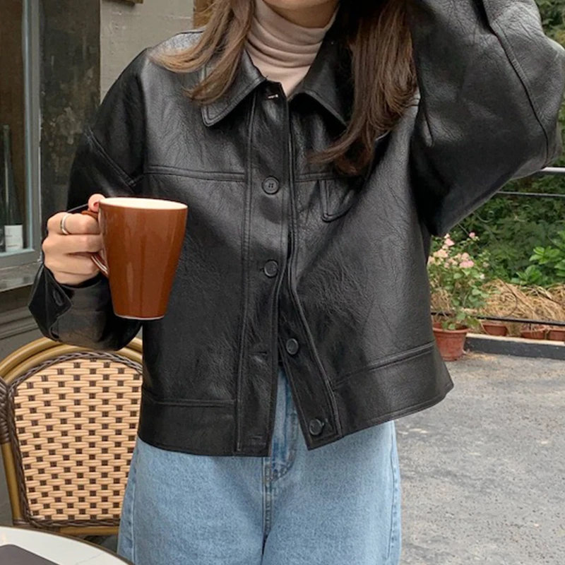 Casual Women's Leather Jacket Short Fashion Single Breasted Lapel Loose-fit Korean Style Elegant PU Leather Coats кожаная куртка