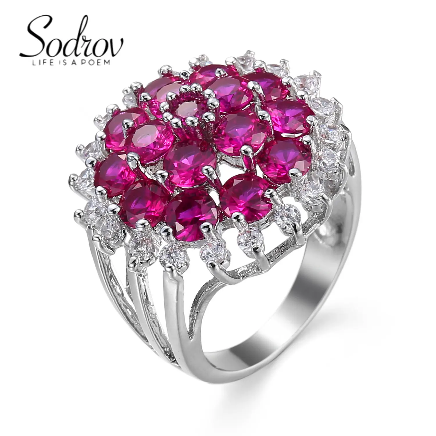 

SODROV Big Luxury Red Corundum Zircon Flower Engagement Wedding Jewelry Gift Rings for Women