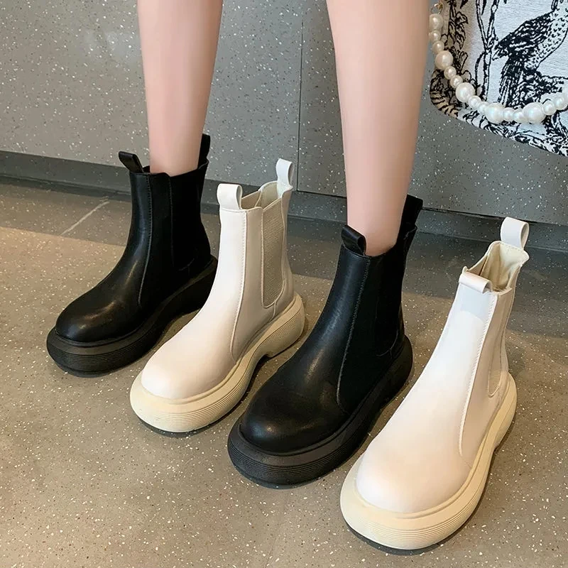 Autumn Winter New Boots Female Mid Calf Boots Ladies Fashion Casual PU Booties Women Boots Slip on Flats Platform Woman Boots