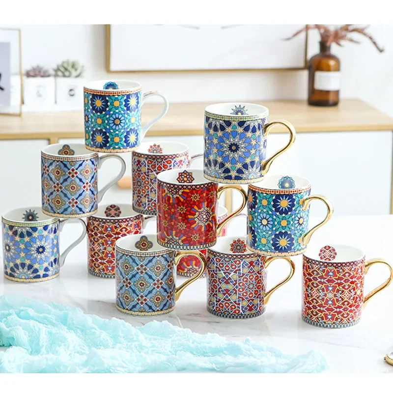 Кофейная кружка в марокканском стиле с золотой ручкой керамическая чайная чашка