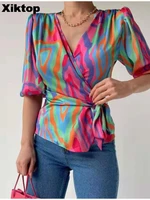 xiktop womens printed blouese elegant long sleeve lapel office ladies shirts tops 2022 summer casual loose button female shirt