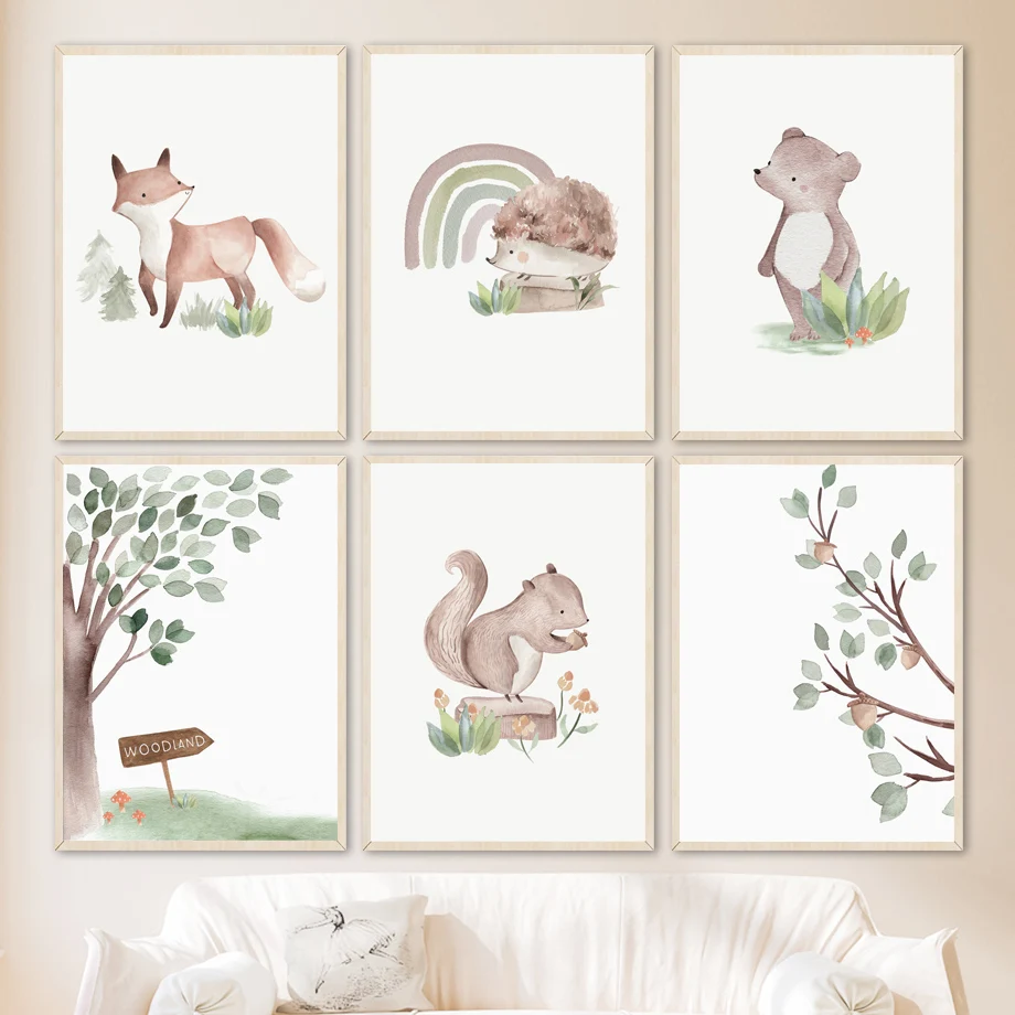 

Cartoon Cute Forest Animals Fox Squirrel Hedgehog Wall Art Canvas Painting Nordic Posters And Prints Wall Picture Baby Kids Room