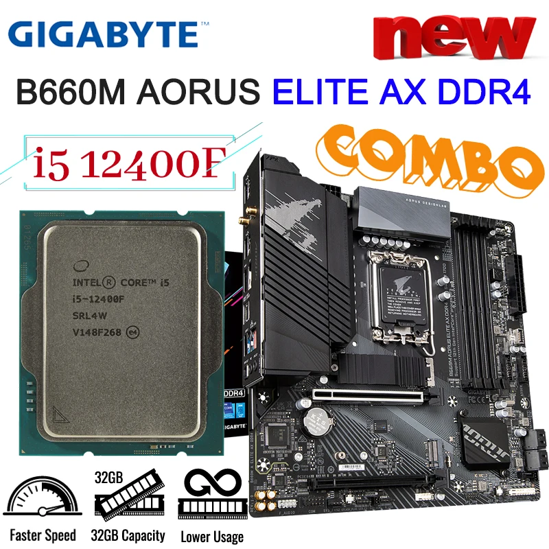 

Gigabyte B660M AORUS ELITE AX DDR4 WIFI Motherboard LGA 1700 + Intel Core 12th i5 12400F CPU Kit Combo 128GB M.2 Mainboard New