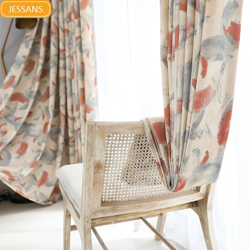 

New Chinese Style Advanced Ink Painting Printing Thickened Cotton and Linen Blackout Curtains for Living Room Bedroom Finished