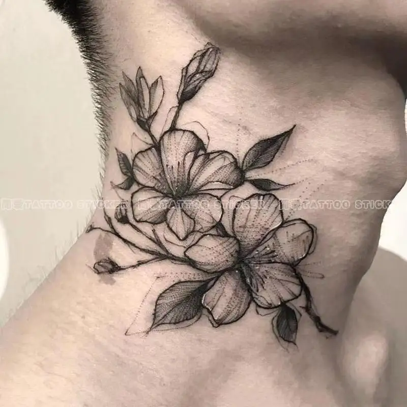 

Line Flower Totem Neck Temporary Tattoo Stickers Men Waterproof Tatouages Et Art Corporel Personality Black Fashion Fake Tattoos