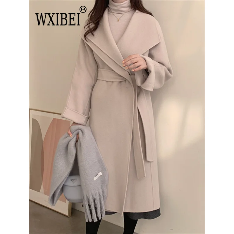 

WXIBEI Long Sleeve Tweed Coat For Women 2023 New Fashion Office Ladies Solid Woolen Coat Vintage Lapels Collar Winter Coat FC740