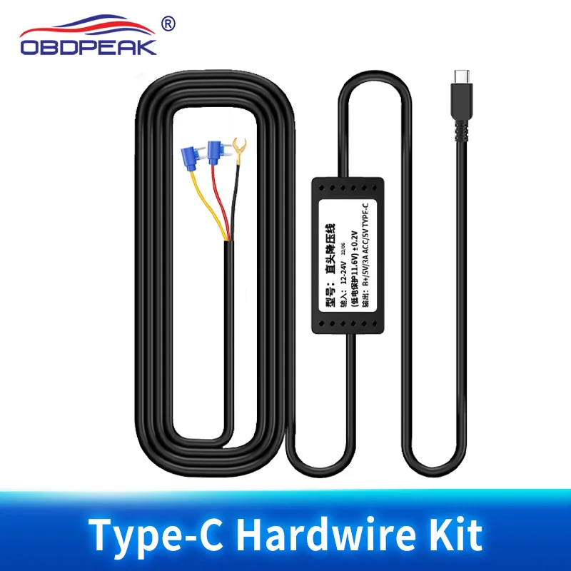 

OBDPEAK 12-24В Комплект для прямого подключения Type-C 5В 3А, универсальный, для видеорегистраторов, зарядное устройство для автомобильной камеры, 24-часовой мониторинг парковки H330 H6 H8