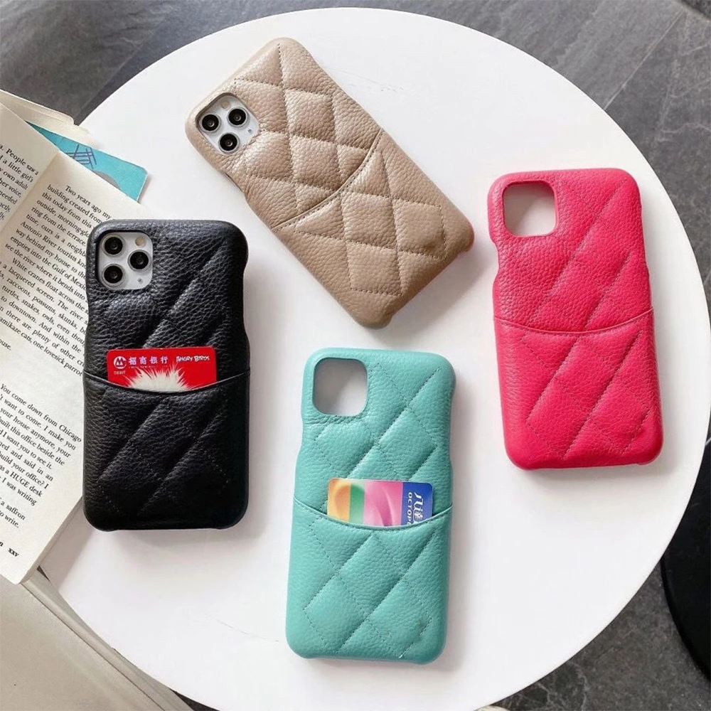 

Genuine CC Leather Card Pocket Case For iPhone 13 12 11 Pro Max 8 Plus XR XS Cover Top Quality Phone Accessory Luxury Brand Bag